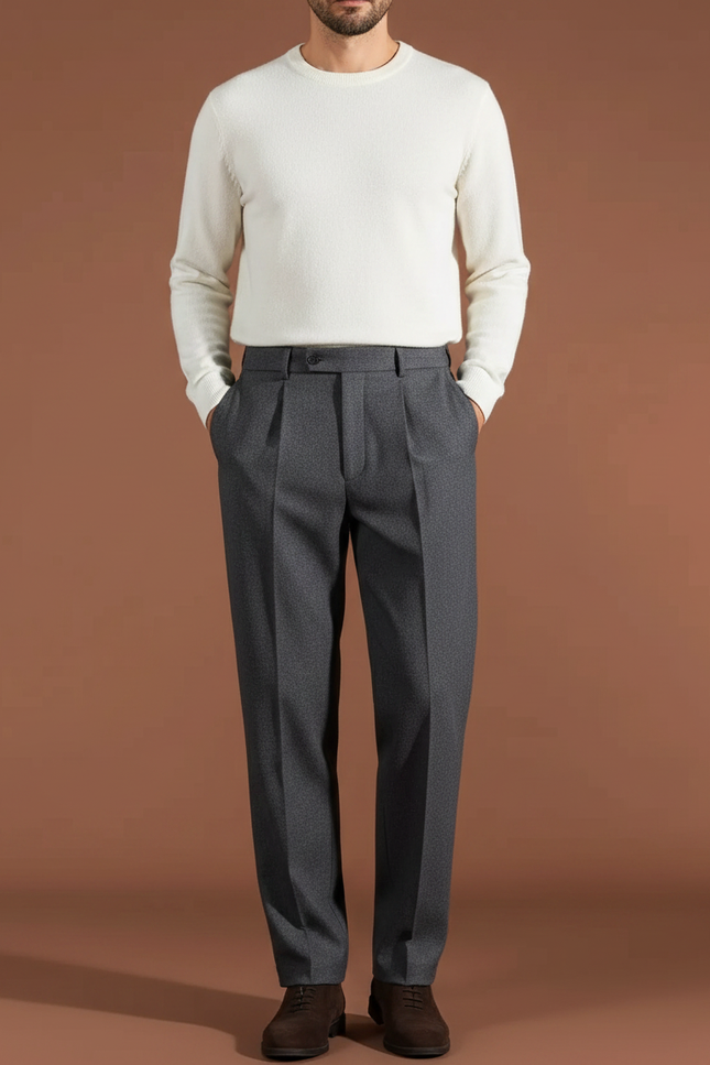 Pantalon À Pince Gris Foncé Droit Plissé Élégant Homme - Laine