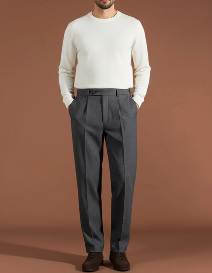 Pantalon À Pince Gris Foncé Droit Plissé Élégant Homme - Laine