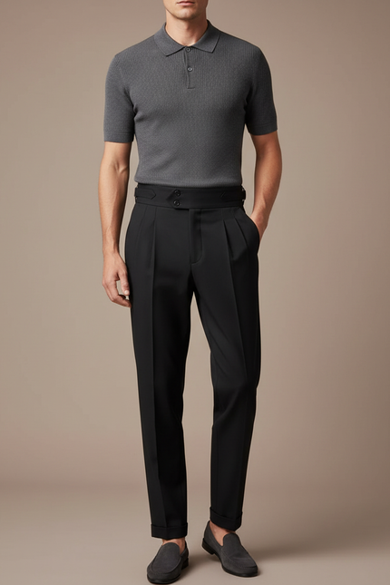 Pantalon À Pince Noir Taille Haute Plissé Ceinturé Décontracté - Gabardine
