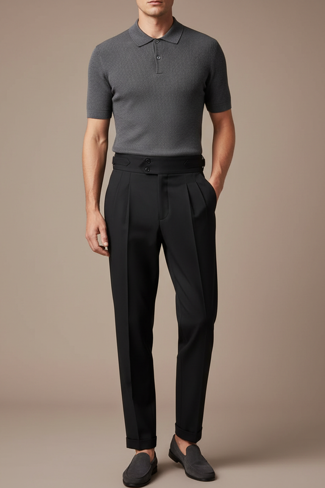 Pantalon À Pince Noir Taille Haute Plissé Ceinturé Décontracté - Gabardine