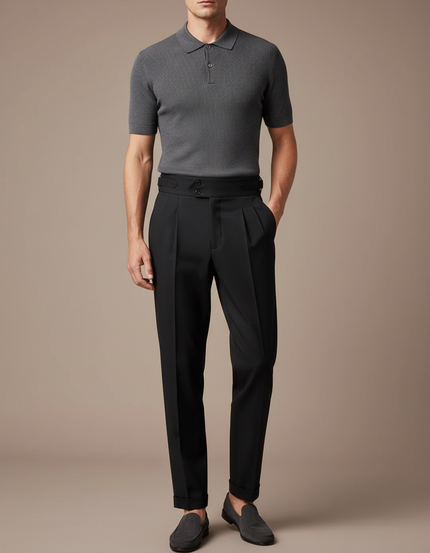 Pantalon À Pince Noir Taille Haute Plissé Ceinturé Décontracté - Gabardine