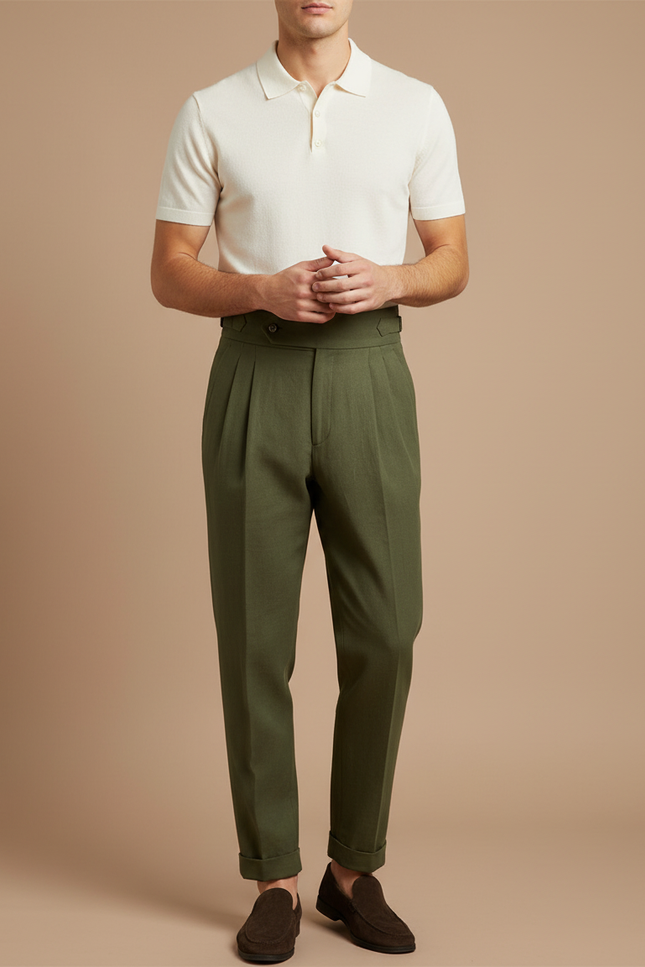 Pantalon À Pince Vert Olive Plissé Taille Haute Décontracté - Gabardine