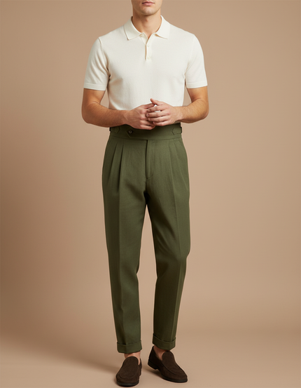 Pantalon À Pince Vert Olive Plissé Taille Haute Décontracté - Gabardine