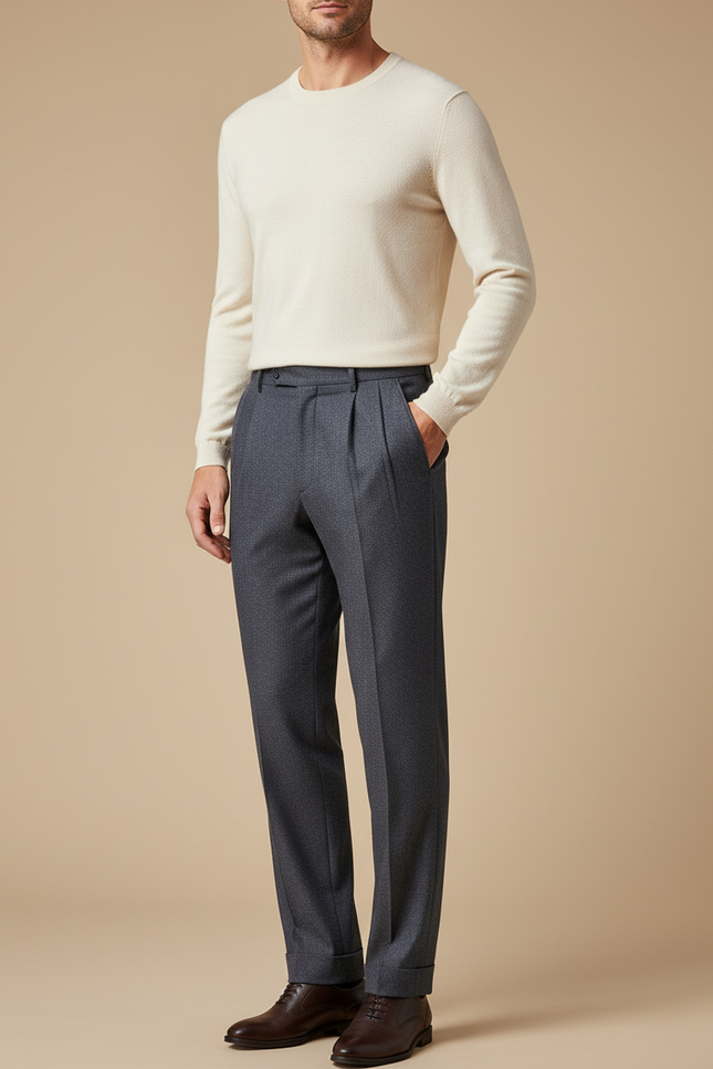 Pantalon À Pince Gris Anthracite Plissé Homme Formel - Laine