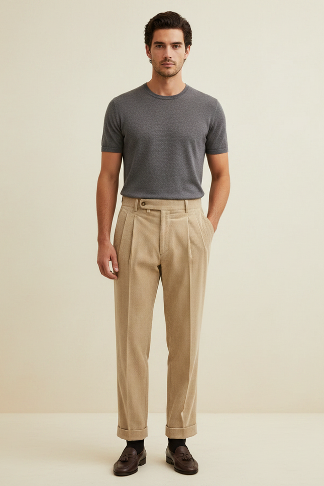 Pantalon À Pince Beige Côtelé Droit Plissé Homme - Cordé
