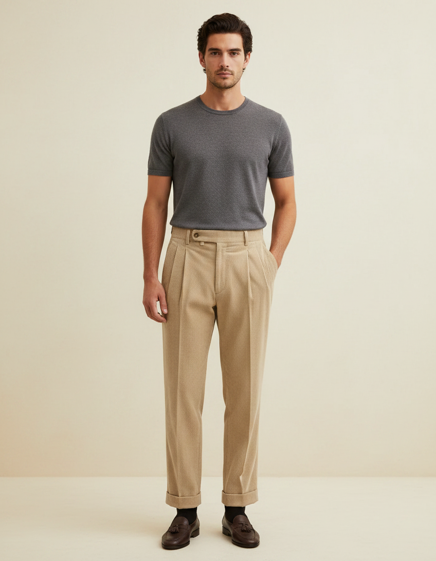 Pantalon À Pince Beige Côtelé Droit Plissé Homme - Cordé