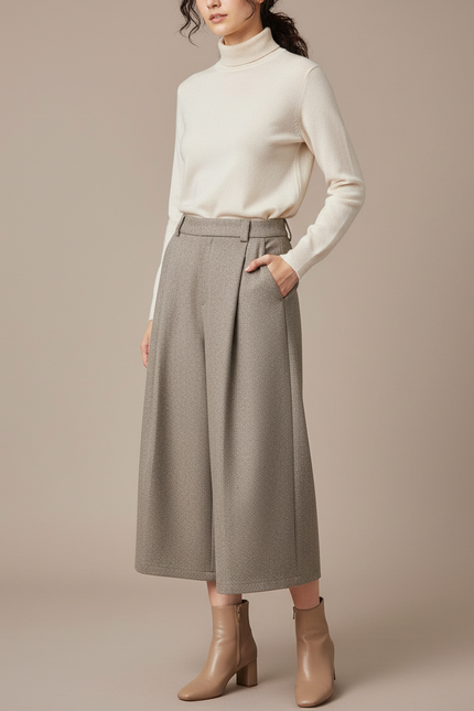 Pantalon À Pince Gris Texturé Ample Plissé Élégant - Laine