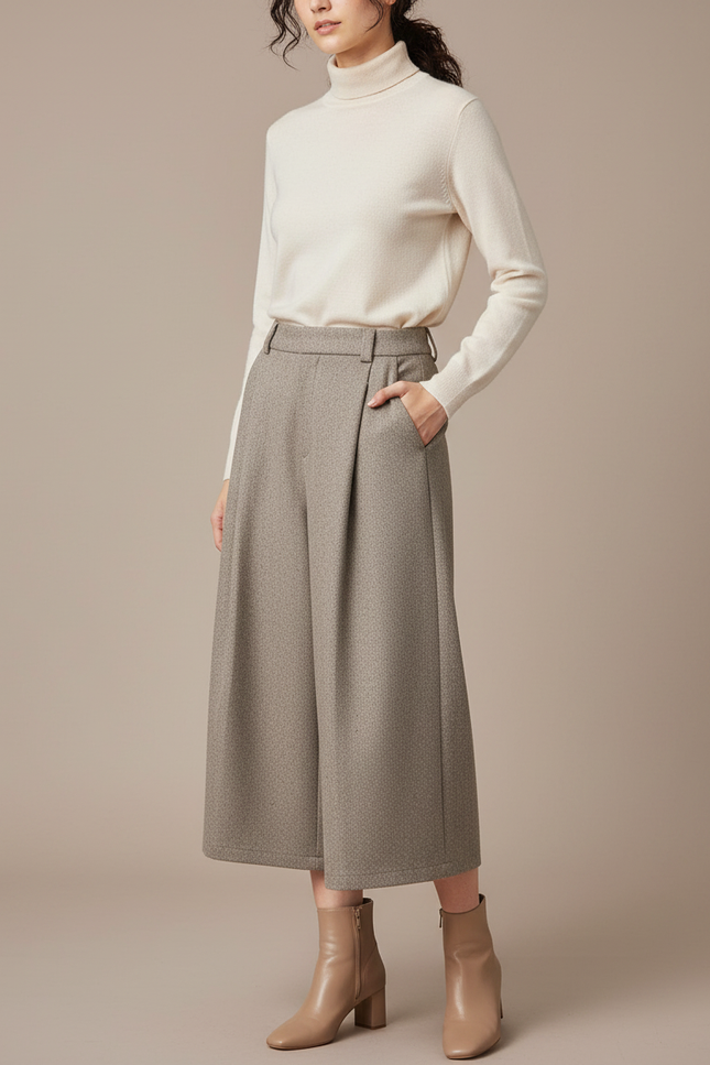 Pantalon À Pince Gris Texturé Ample Plissé Élégant - Laine