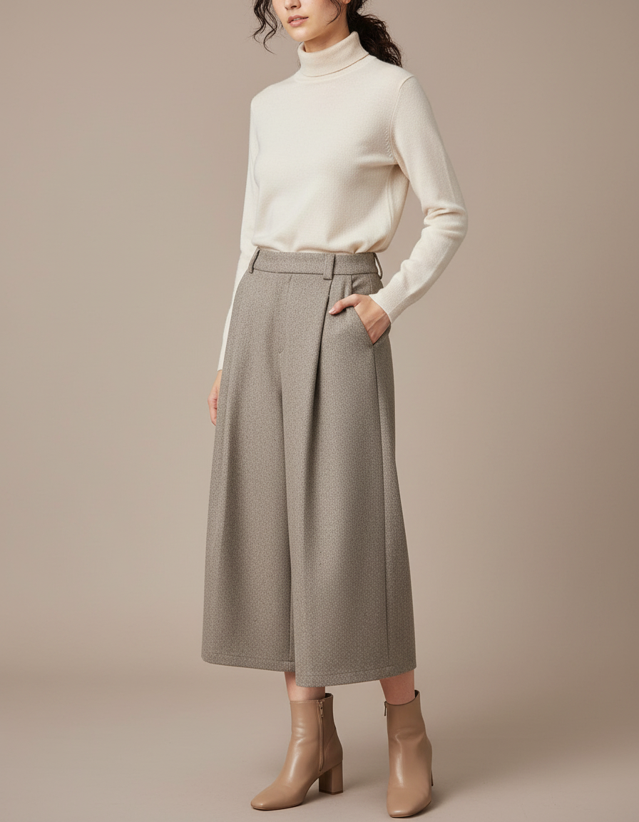 Pantalon À Pince Gris Texturé Ample Plissé Élégant - Laine
