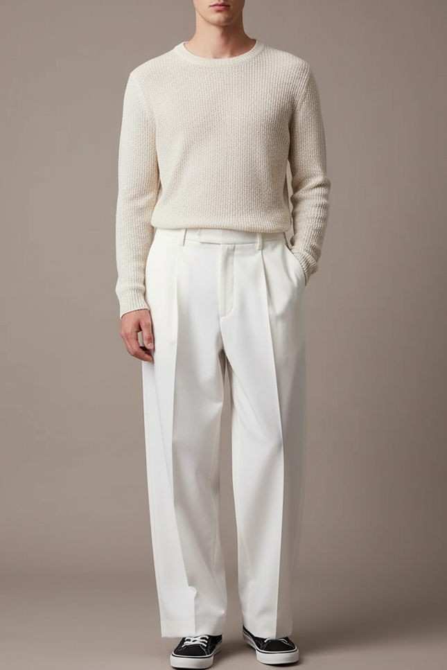 Pantalon À Pince Blanc Ample Décontracté Homme - Gabardine
