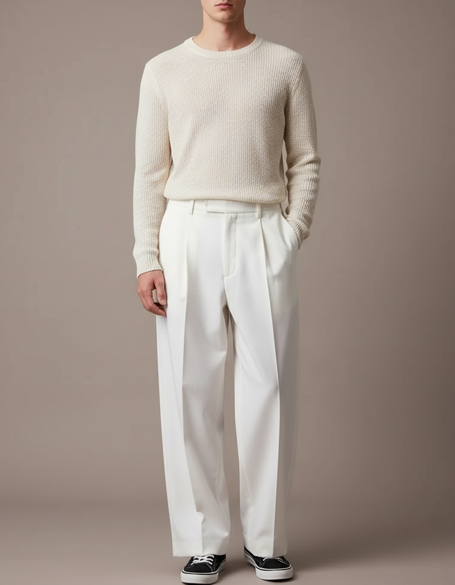 Pantalon À Pince Blanc Ample Décontracté Homme - Gabardine