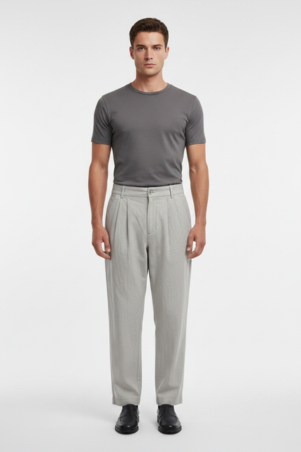 Pantalon À Pince Gris Clair Plissé Ample Lin Homme