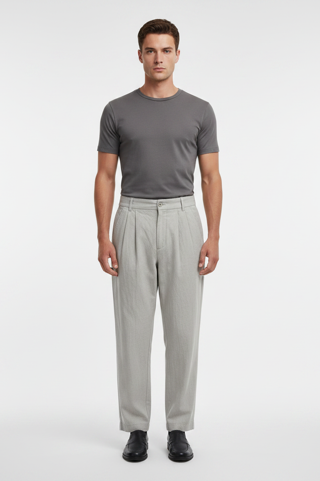 Pantalon À Pince Gris Clair Plissé Ample Lin Homme