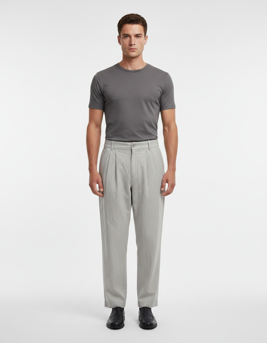 Pantalon À Pince Gris Clair Plissé Ample Lin Homme