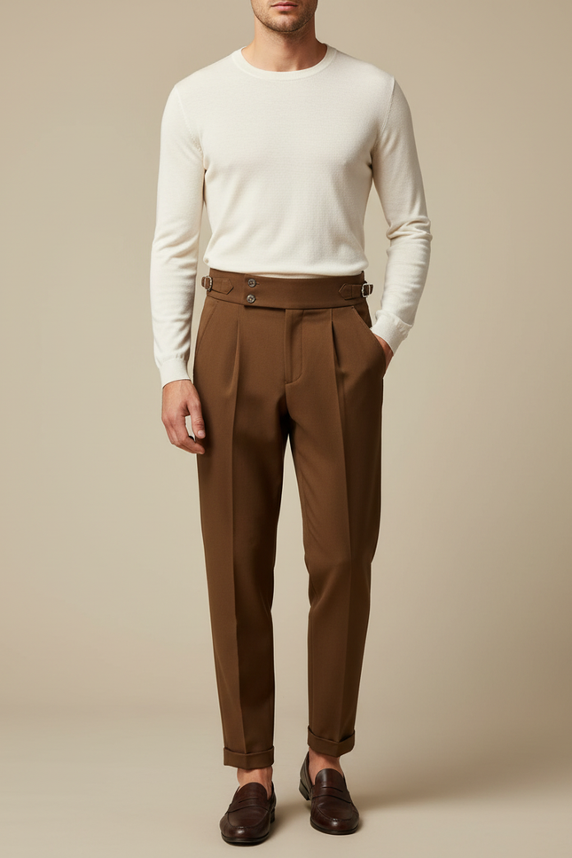 Pantalon À Pince Marron Plissé Taille Haute Élégant Homme - Gabardine