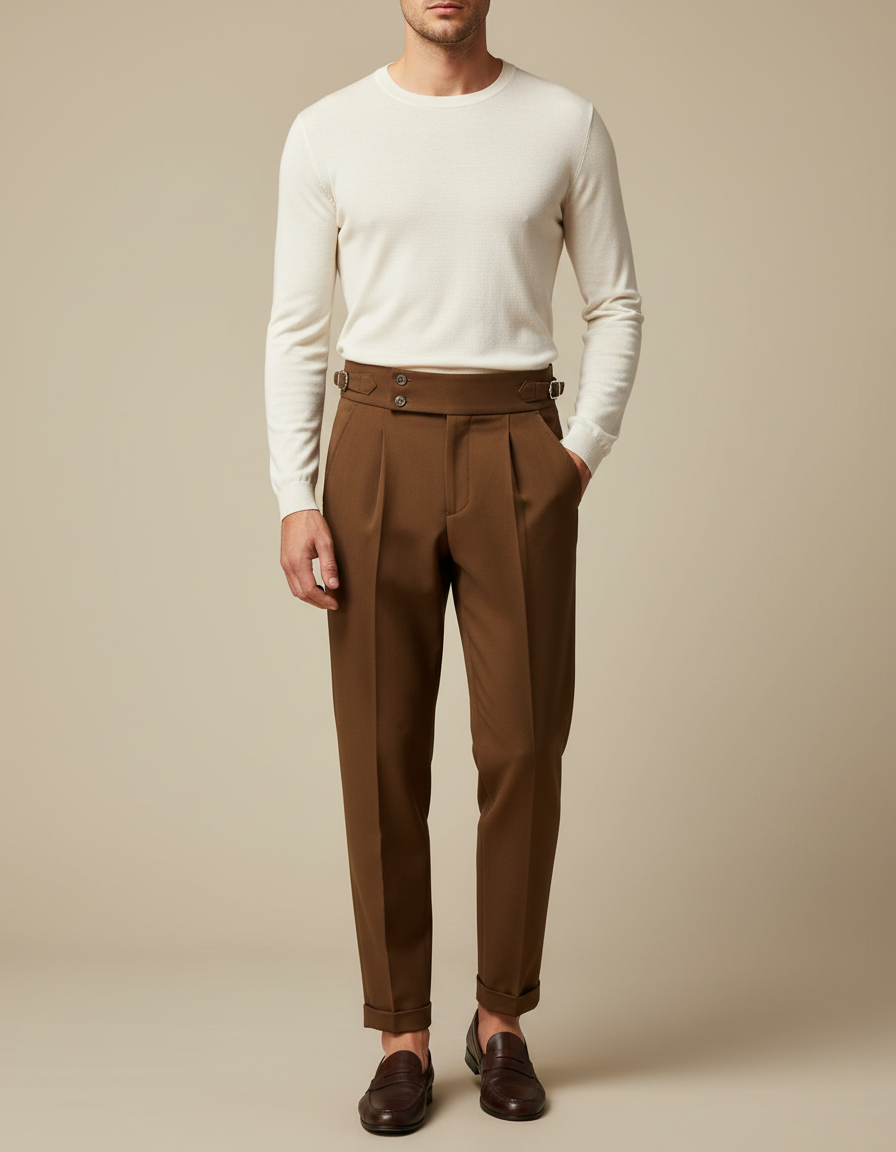 Pantalon À Pince Marron Plissé Taille Haute Élégant Homme - Gabardine
