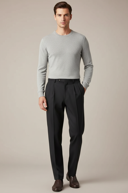 Pantalon À Pince Noir Plissé Droit Homme Élégant - Gabardine