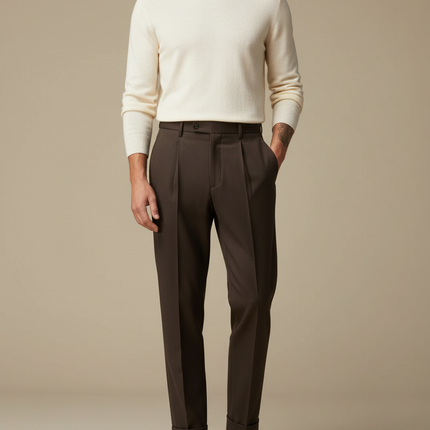 Pantalon À Pince Marron Foncé Plissé Décontracté Homme - Gabardine