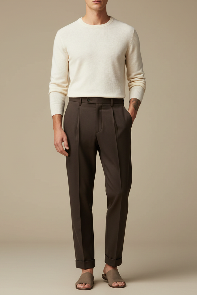 Pantalon À Pince Marron Foncé Plissé Décontracté Homme - Gabardine