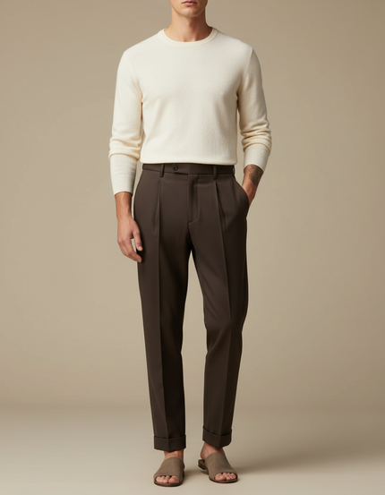 Pantalon À Pince Marron Foncé Plissé Décontracté Homme - Gabardine