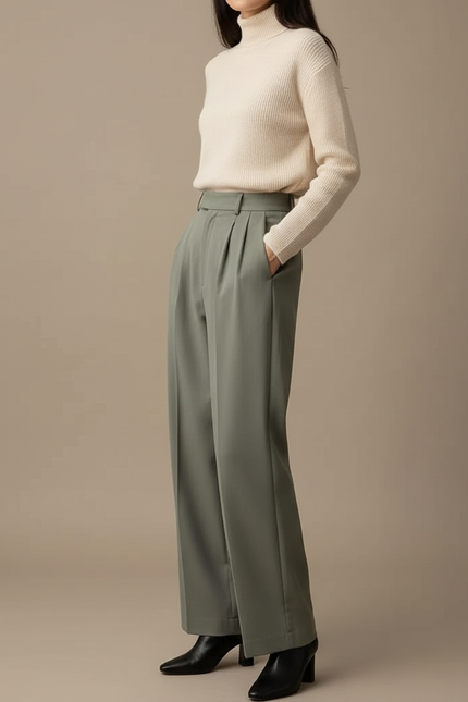 Pantalon À Pince Vert Sauge Ample Décontracté Fluide Femme - Polyester
