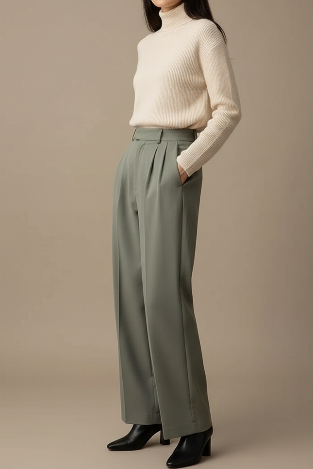 Pantalon À Pince Vert Sauge Ample Décontracté Fluide Femme - Polyester