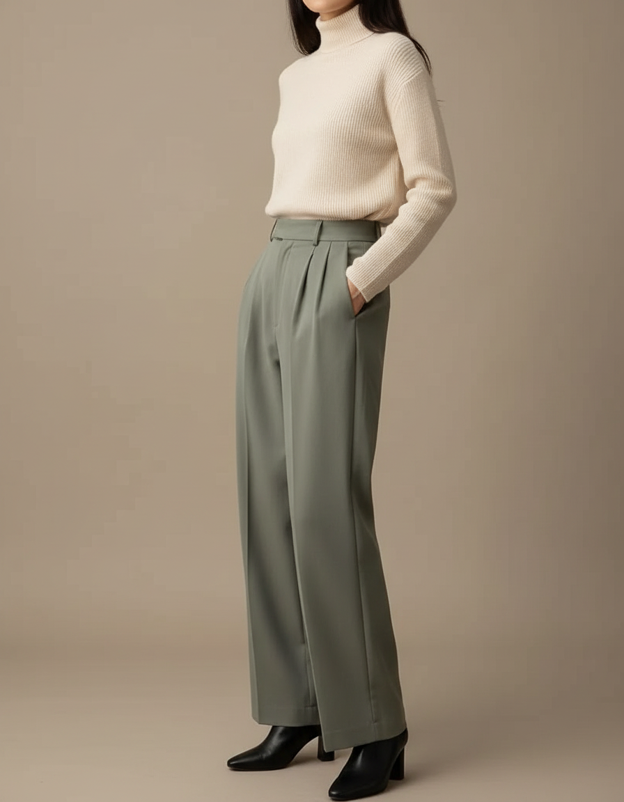 Pantalon À Pince Vert Sauge Ample Décontracté Fluide Femme - Polyester