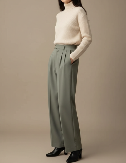Pantalon À Pince Vert Sauge Ample Décontracté Fluide Femme - Polyester