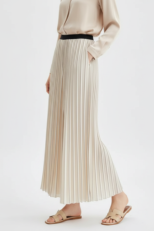 Pantalon À Pince Plissé Écru Rayé Fluide Élégant - Beige Satin