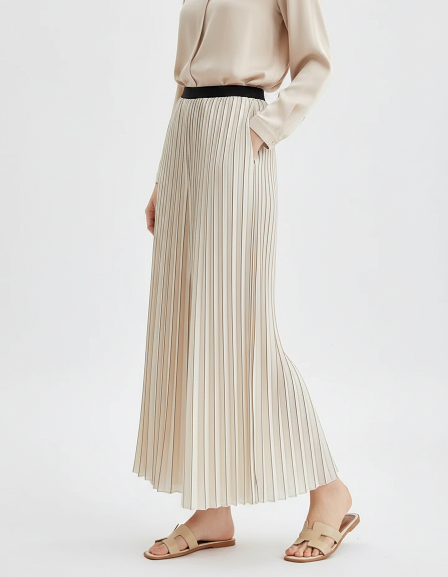 Pantalon À Pince Plissé Écru Rayé Fluide Élégant - Beige Satin