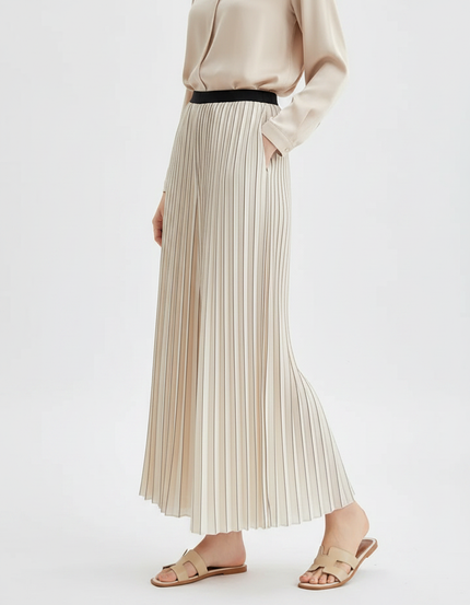 Pantalon À Pince Plissé Écru Rayé Fluide Élégant - Beige Satin