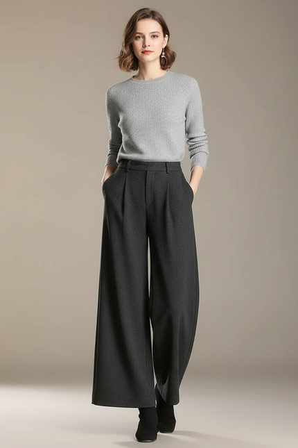 Pantalon À Pince Gris Foncé Laine Ample Plissé Élégant