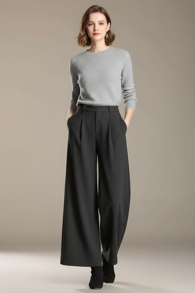 Pantalon À Pince Gris Foncé Laine Ample Plissé Élégant