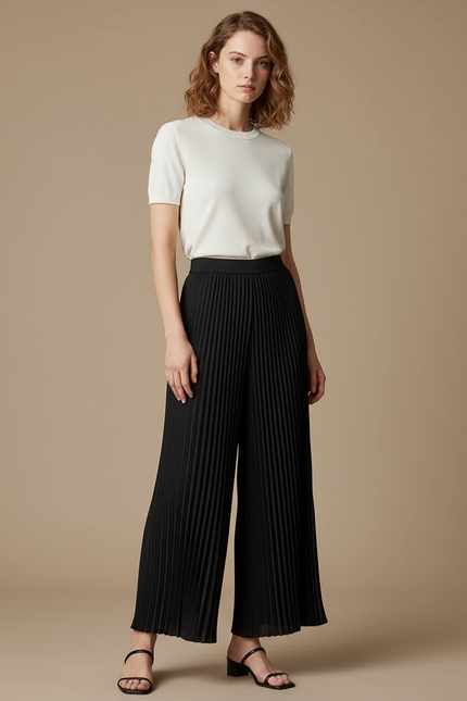 Pantalon À Pince Noir Plissé Fluide Ample Élégant Femme - Polyester