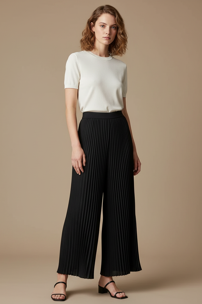 Pantalon À Pince Noir Plissé Fluide Ample Élégant Femme - Polyester