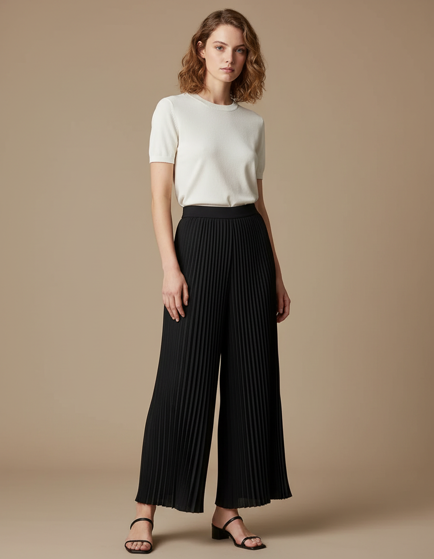 Pantalon À Pince Noir Plissé Fluide Ample Élégant Femme - Polyester