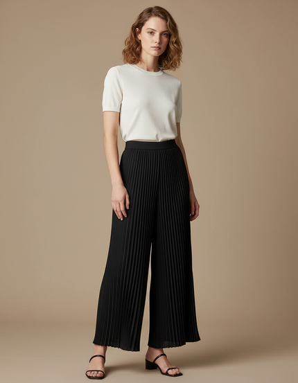 Pantalon À Pince Noir Plissé Fluide Ample Élégant Femme - Polyester