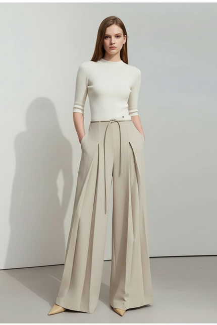 Pantalon À Pince Beige Ample Plissé Fluide - Gabardine