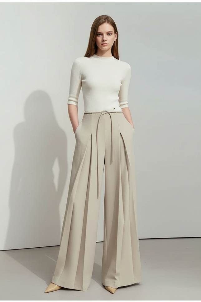 Pantalon À Pince Beige Ample Plissé Fluide - Gabardine