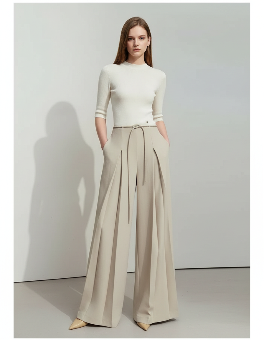 Pantalon À Pince Beige Ample Plissé Fluide - Gabardine