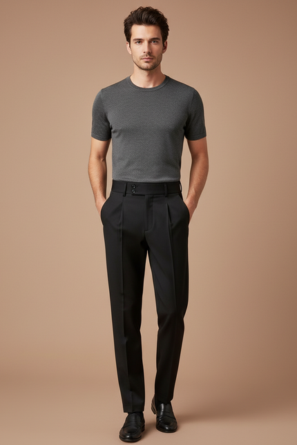 Pantalon À Pince Noir Plissé Élégant Homme Ajusté - Gabardine
