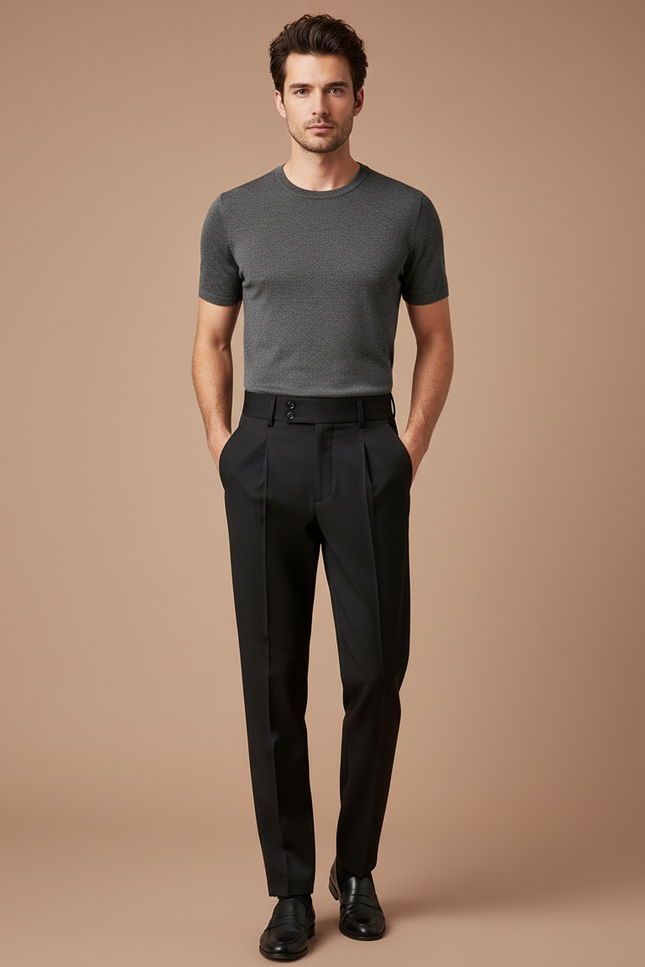 Pantalon À Pince Noir Plissé Élégant Homme Ajusté - Gabardine