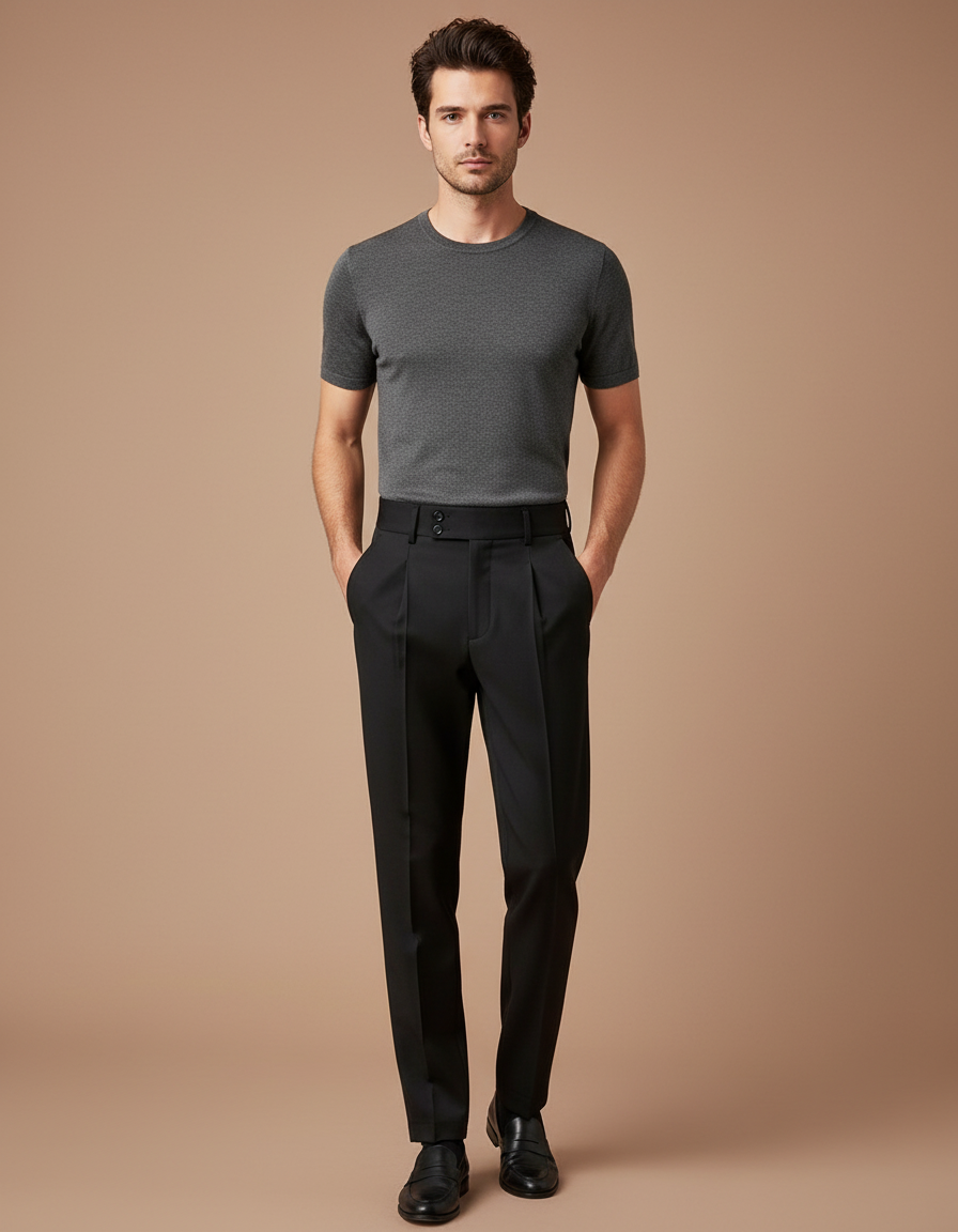 Pantalon À Pince Noir Plissé Élégant Homme Ajusté - Gabardine