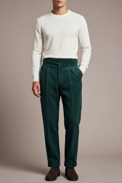 Pantalon À Pince Vert Sapin Côtelé Plissé Homme Élégant - Cordé
