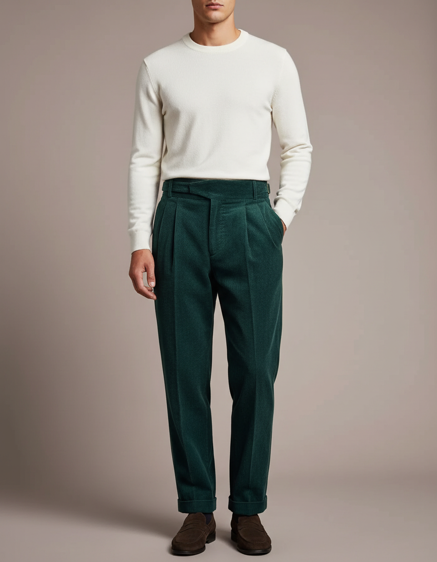 Pantalon À Pince Vert Sapin Côtelé Plissé Homme Élégant - Cordé