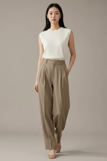 Pantalon À Pince Kaki Plissé Droit Fluide Décontracté - Polyester