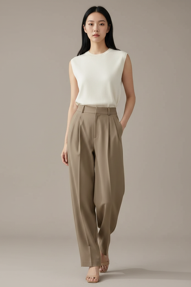 Pantalon À Pince Kaki Plissé Droit Fluide Décontracté - Polyester