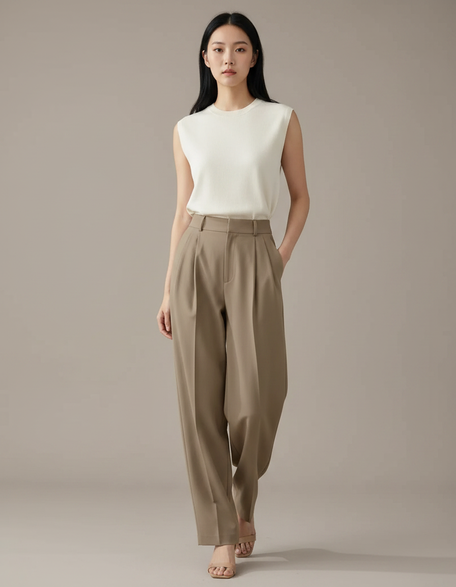 Pantalon À Pince Kaki Plissé Droit Fluide Décontracté - Polyester