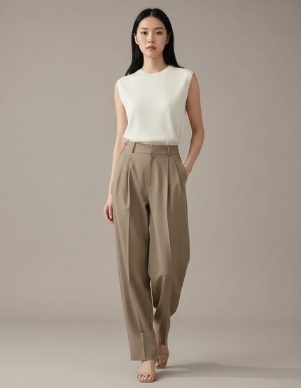 Pantalon À Pince Kaki Plissé Droit Fluide Décontracté - Polyester