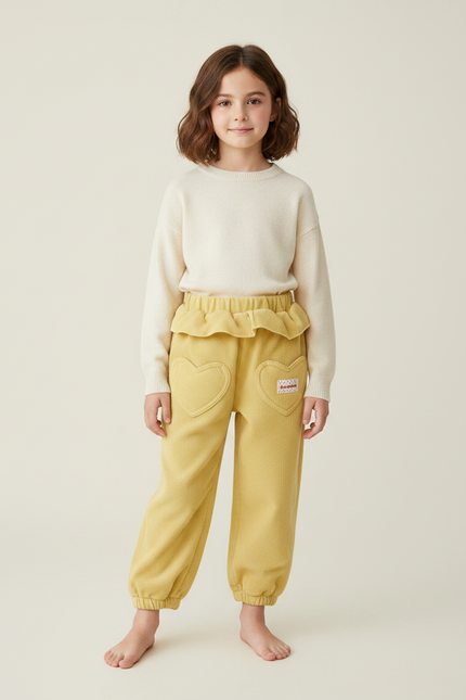 Pantalon À Pince Jaune Côtelé Cœurs Volants Enfant - Cordé